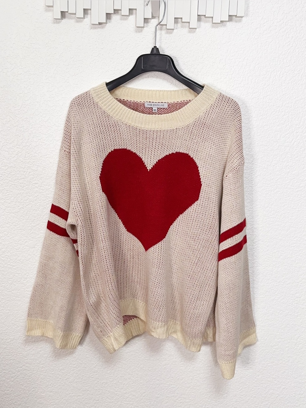 Miss Sparkling Cream Red Heart Graphic Varsity Stripe Oversized Knit Sweater NWO